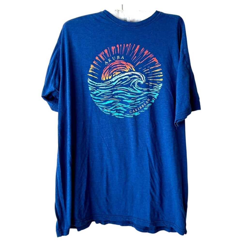Aruba Caribbean Blue T-shirt Wave Sunset Sunrise Blue Green Orange Yellow Large